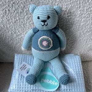 🆕 NWT Pebble Handmade Organic Bear Rattle + 100% Cotton Baby Blanket Gift Set